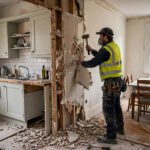 Builder removing a wall between a kitchen and dining room during an open plan conversion in a UK home
