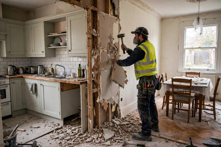 Builder removing a wall between a kitchen and dining room during an open plan conversion in a UK home