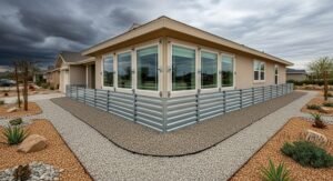 House with reinforced stormproof windows, flood barriers, and fire-resistant landscaping, showing protection against natural hazards.