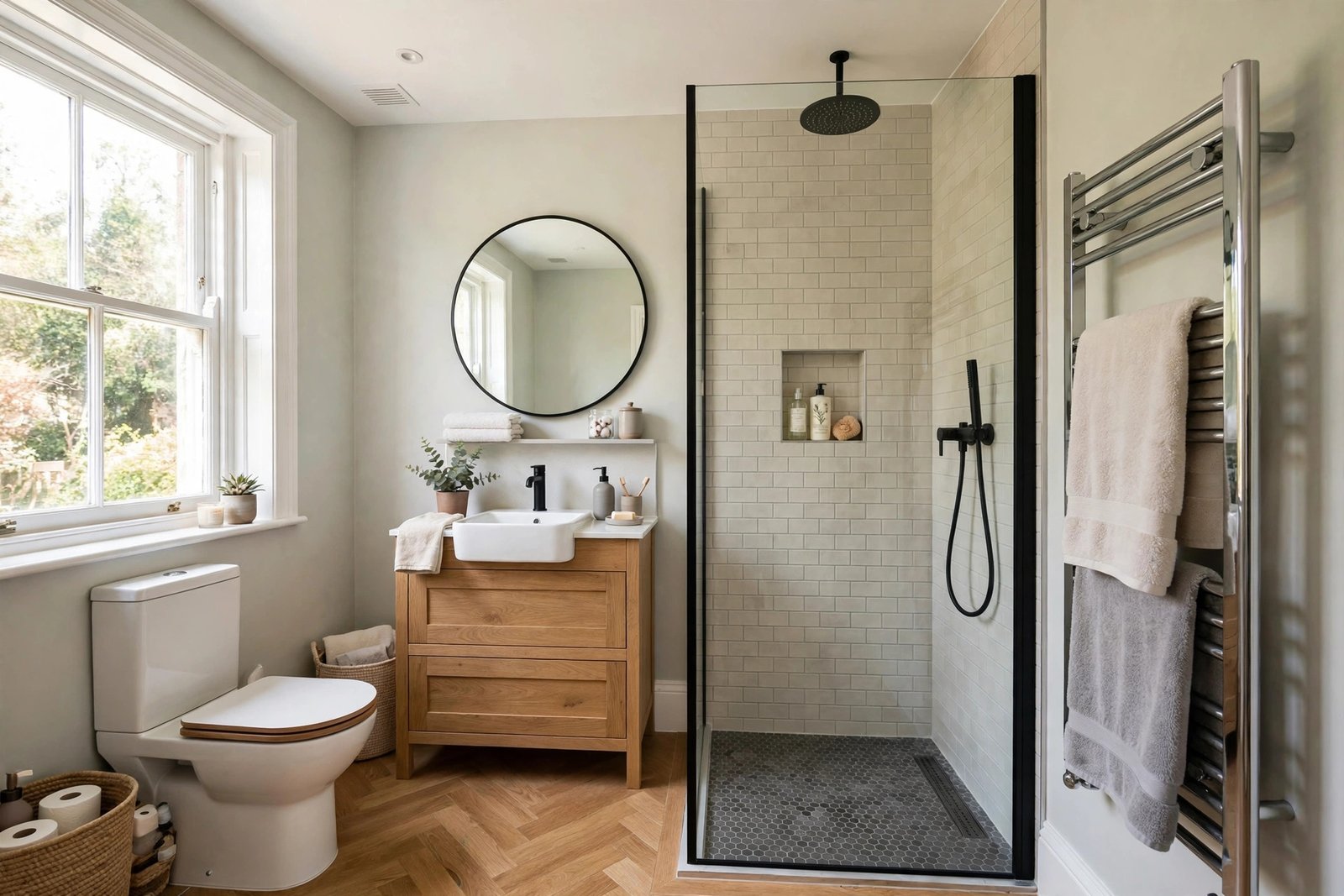 Newly renovated family bathroom in a UK home with walk-in shower and heated towel rail