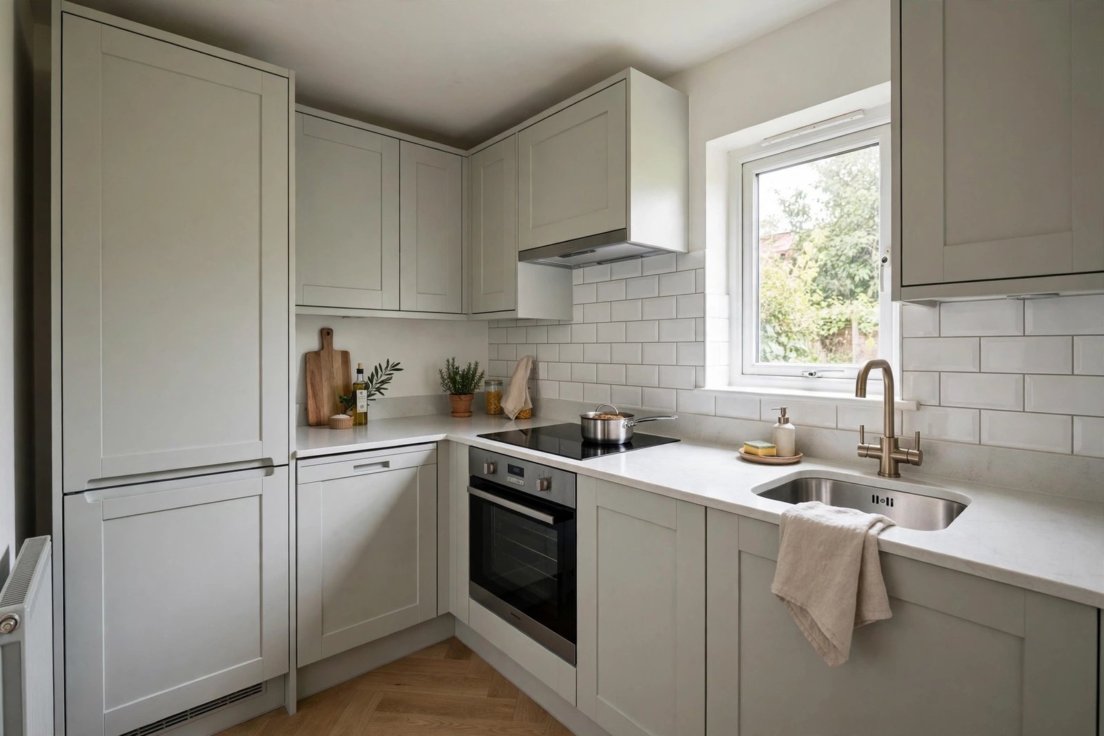 Compact fitted kitchen in a small UK home with quartz worktop and integrated appliances