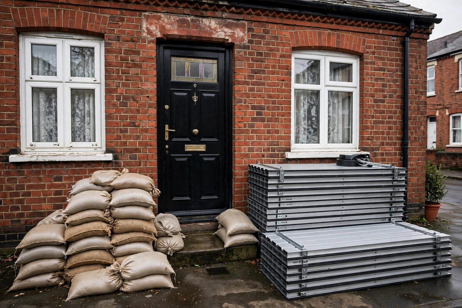 Sandbags and flood barrier boards stacked by the front door of a UK terraced house