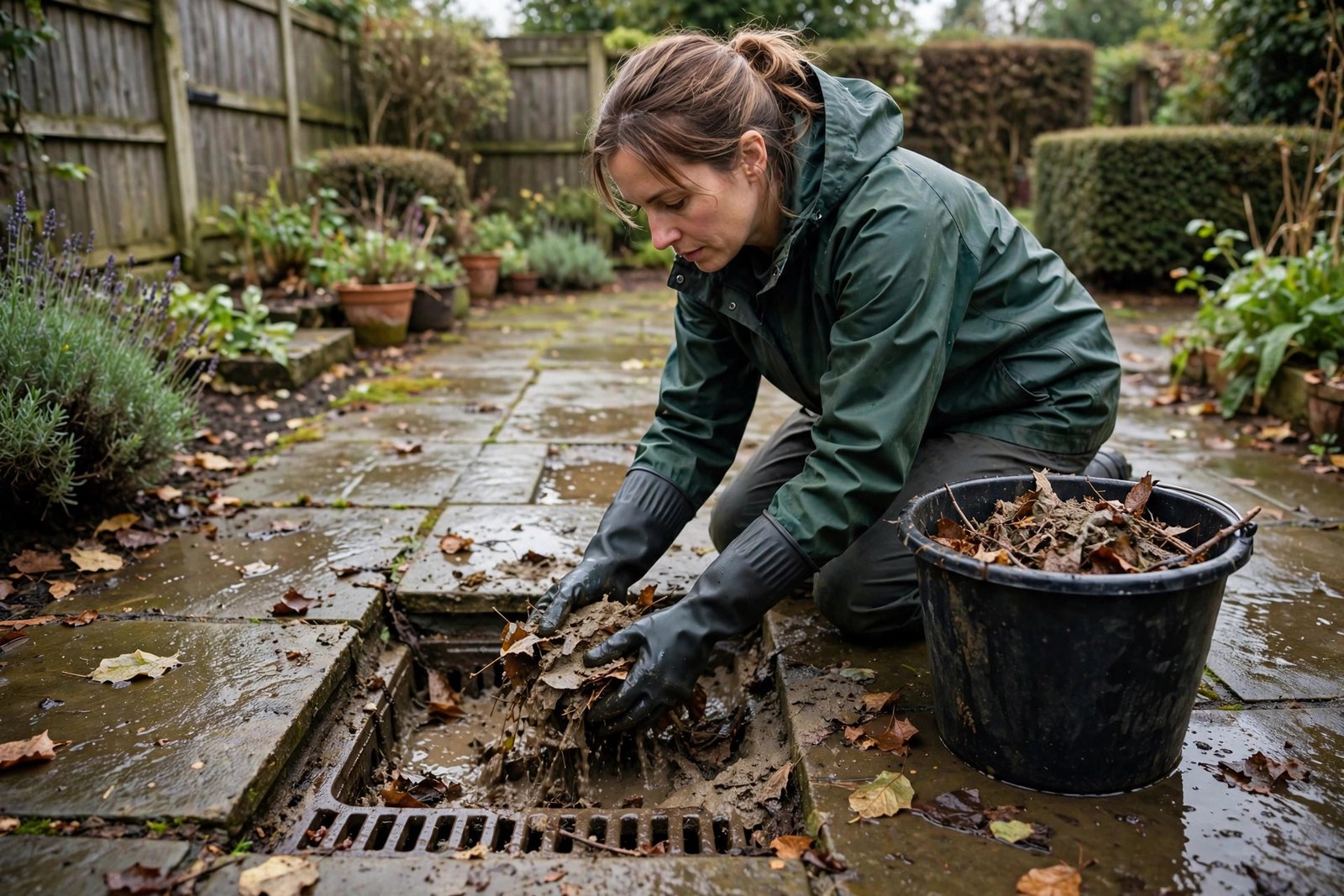 Clearing leaves and silt from an outdoor drain gully by hand