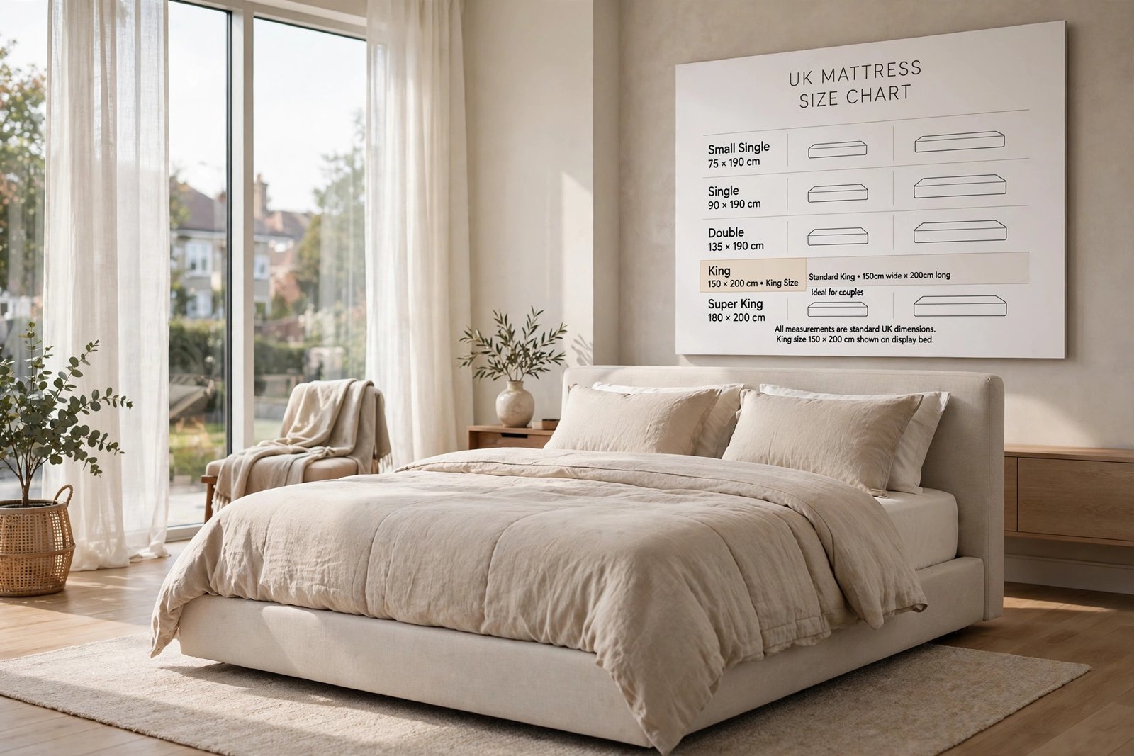 UK mattress size chart showing king size 150 by 200 cm, the closest equivalent to a US queen