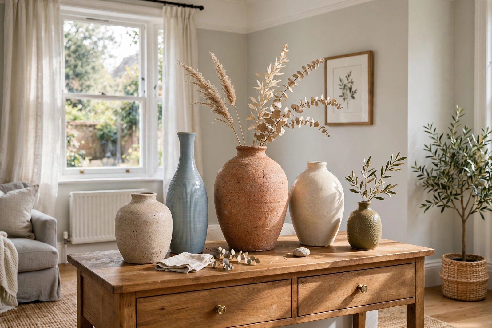 Ceramic vases in different sizes styled on a wooden console table in a bright UK living room