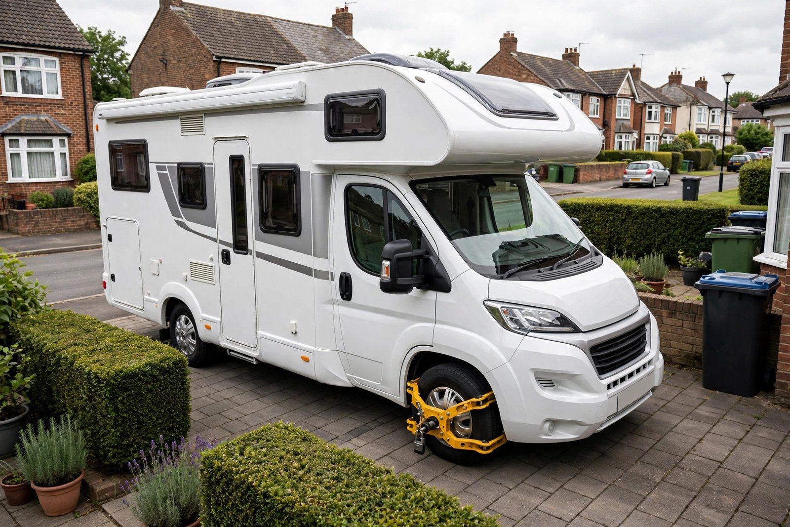 Motorhome parked on a residential driveway in the UK with a wheel clamp fitted for security