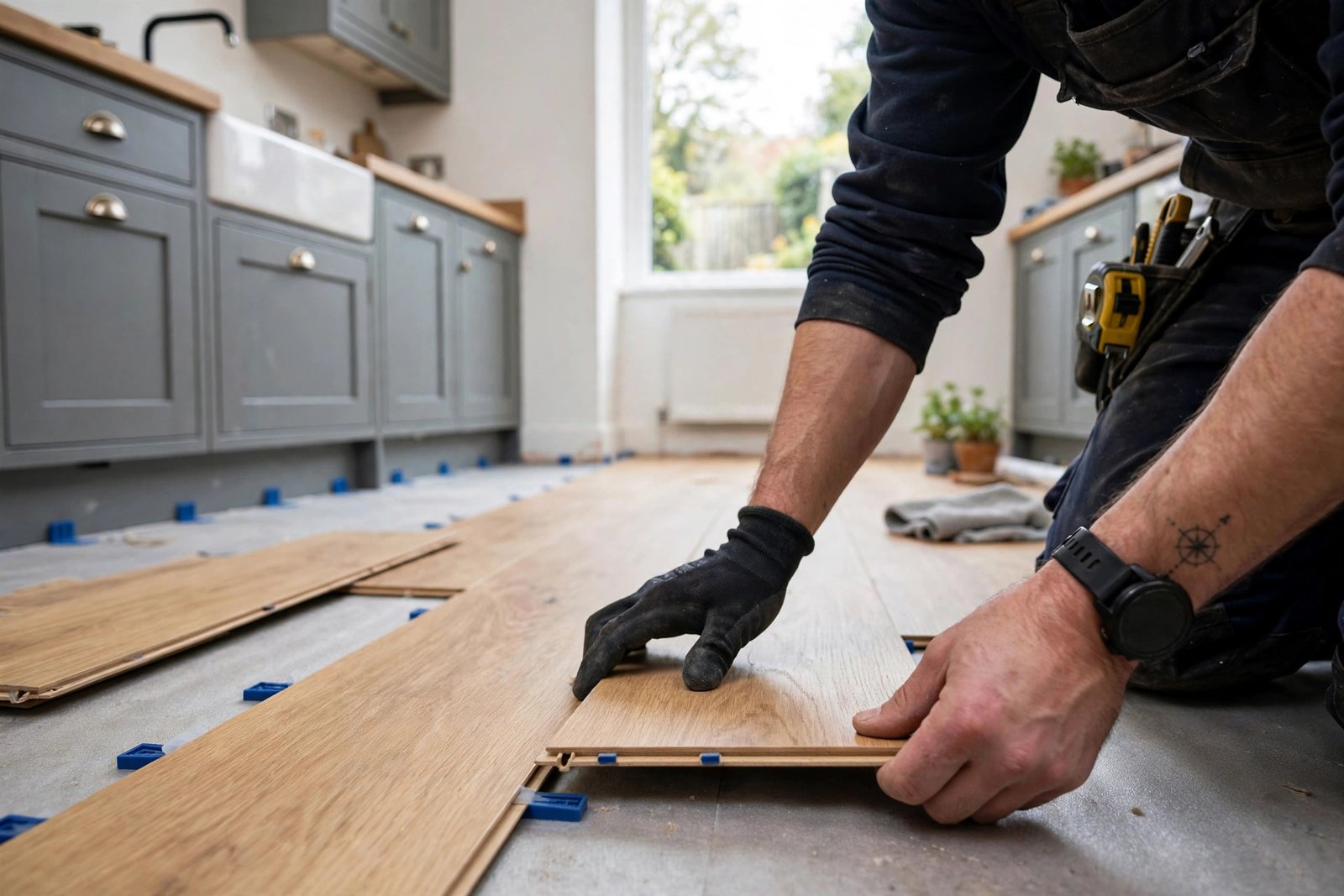 Fitter laying click LVT planks in a UK kitchen
