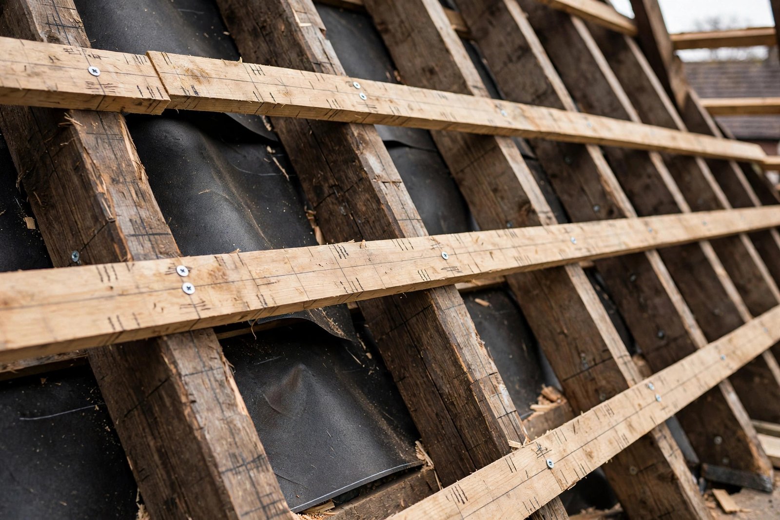 Roof battens fixed across rafters with tile gauge spacing marked during a re-roof