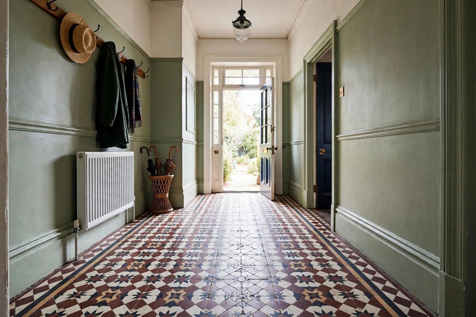 Victorian-style encaustic floor tiles in a UK hallway