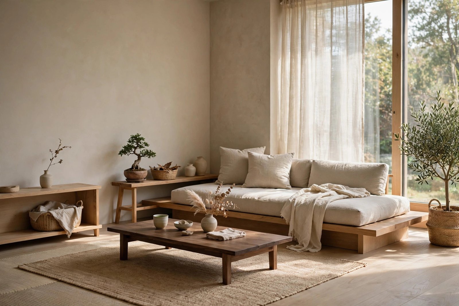 Japandi style living room with low wooden furniture, neutral tones and soft natural light
