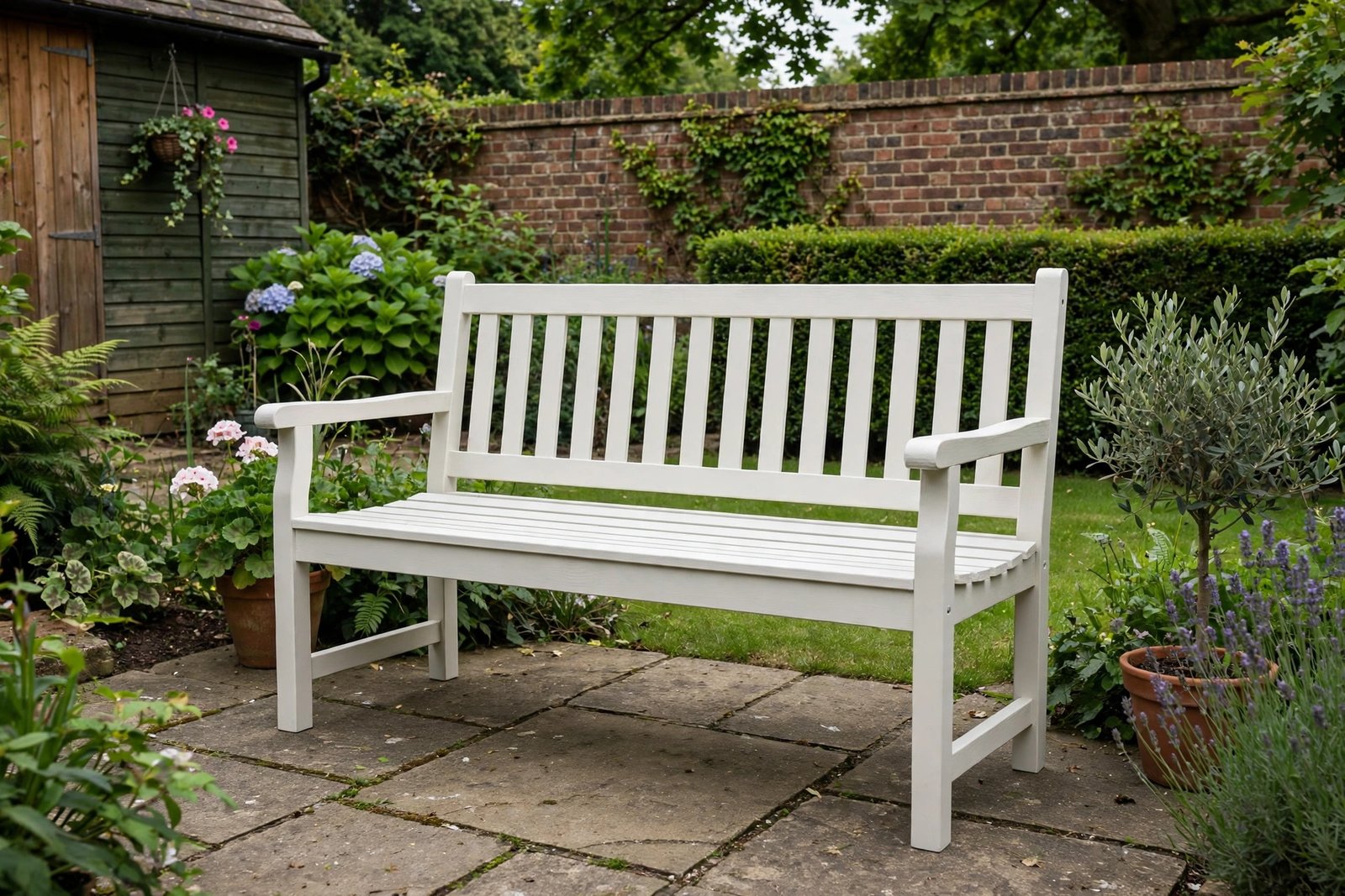 Wooden garden bench painted in exterior eggshell paint