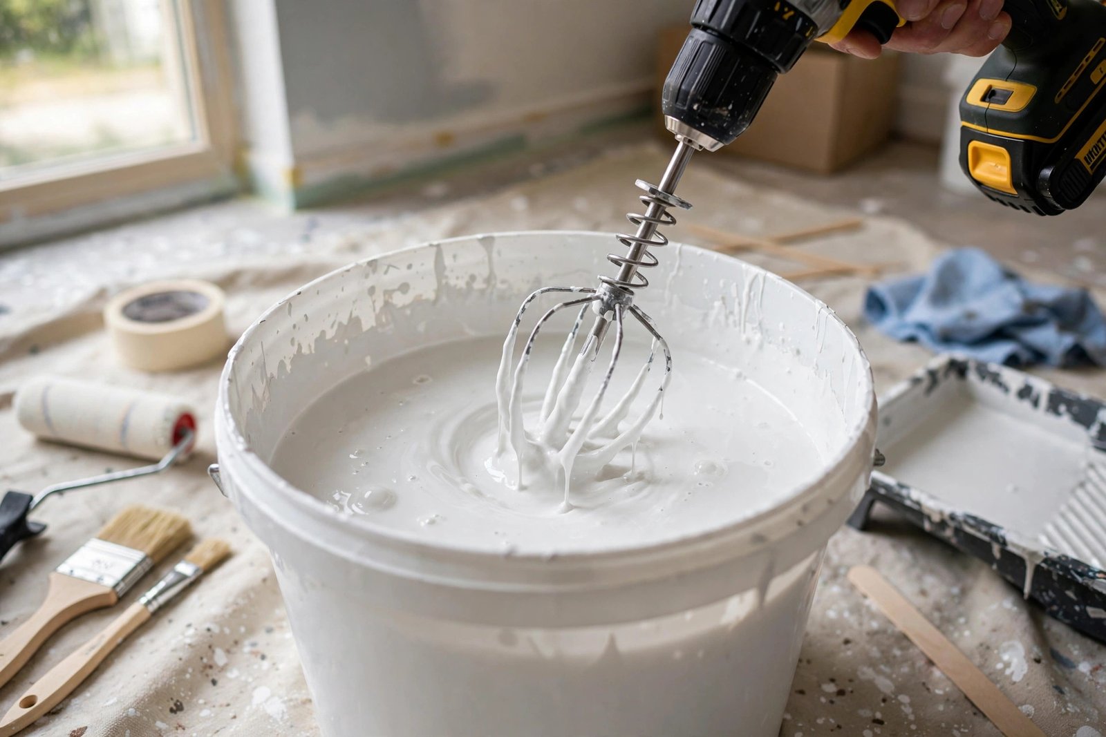 Mixing a mist coat of thinned emulsion paint in a bucket