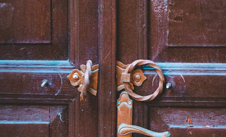 Door hinges and hardware close-up