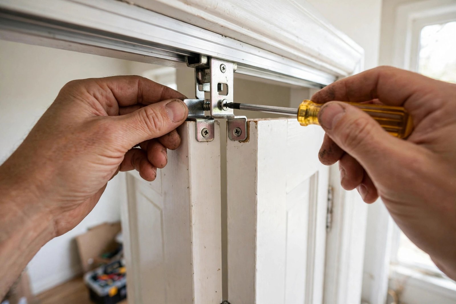 Hands adjusting the top pivot bracket of an internal bifold door with a screwdriver