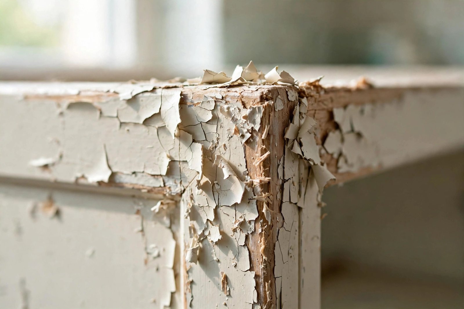 Close-up of chipped paint on a kitchen cabinet door edge showing poor adhesion