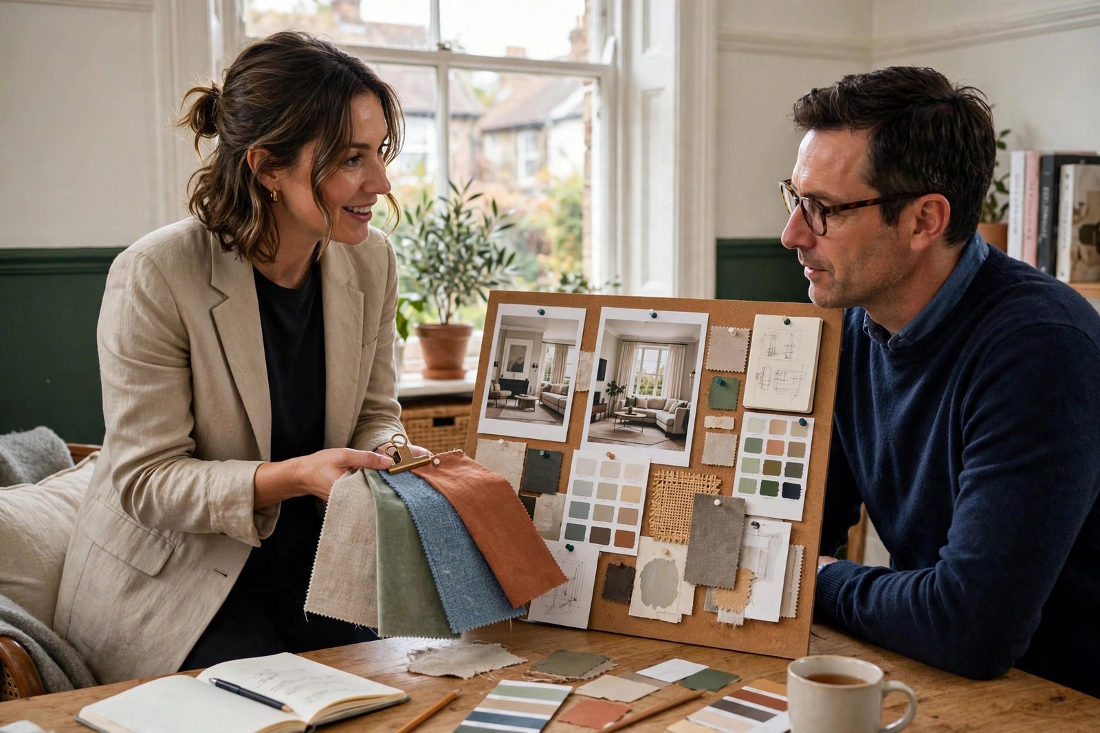 Interior designer presenting fabric swatches and a mood board to a client in a UK home