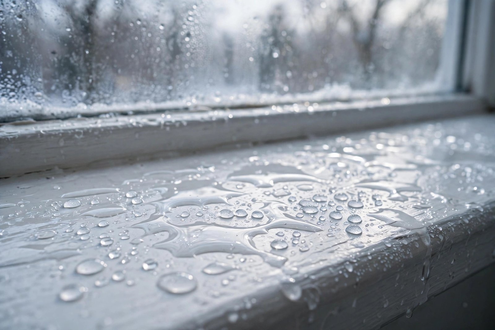 Water droplets from condensation pooled on a white internal window board in winter