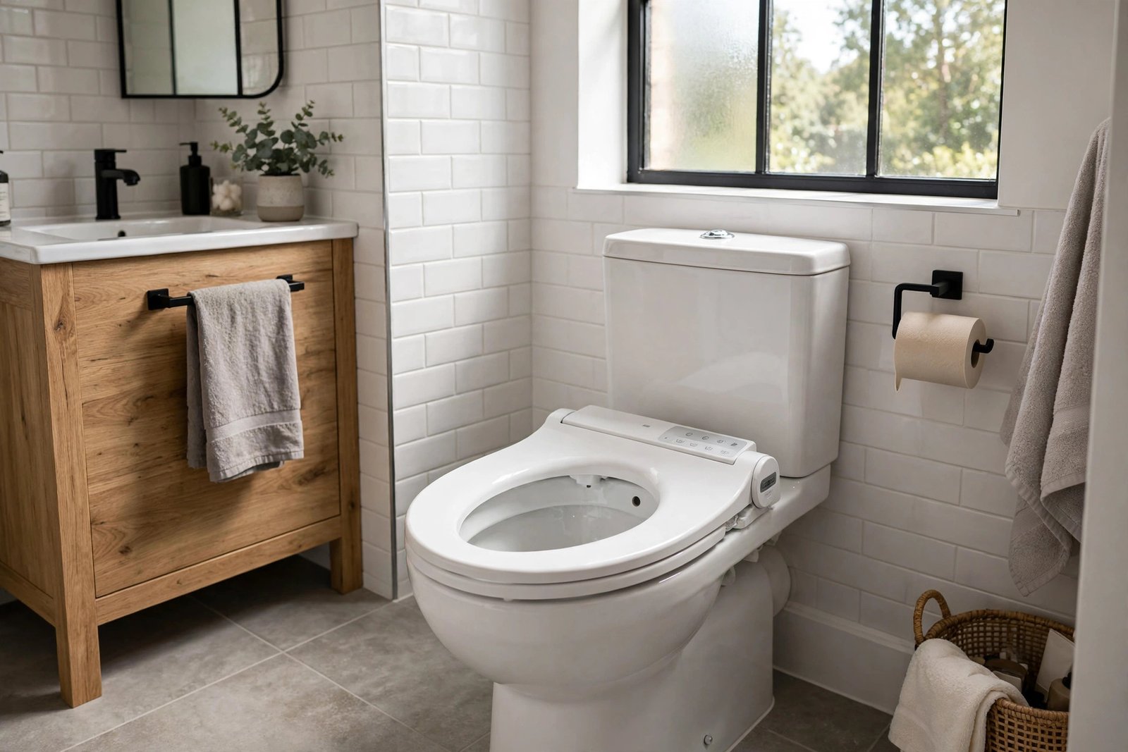 WRAS-approved bidet toilet seat with integrated spray fitted to a UK toilet