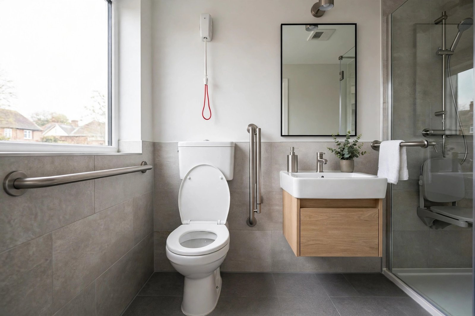 Comfort height close coupled toilet in a modern accessible bathroom