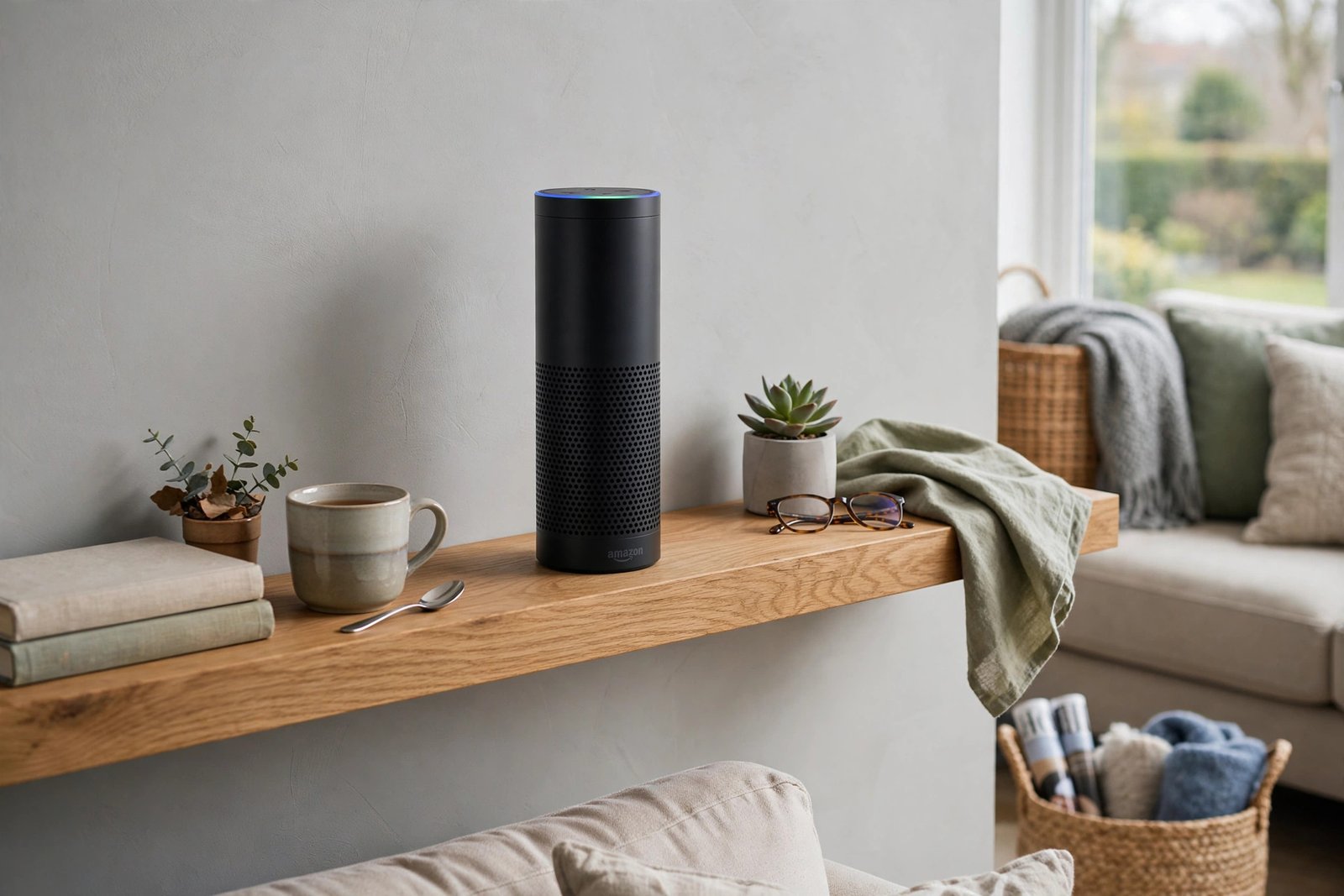Amazon Echo smart speaker on a shelf in a UK living room