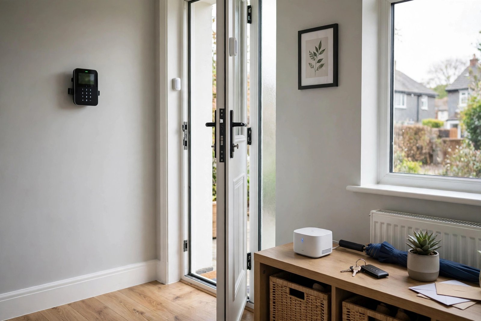 Wireless home security hub with door sensors in a UK home