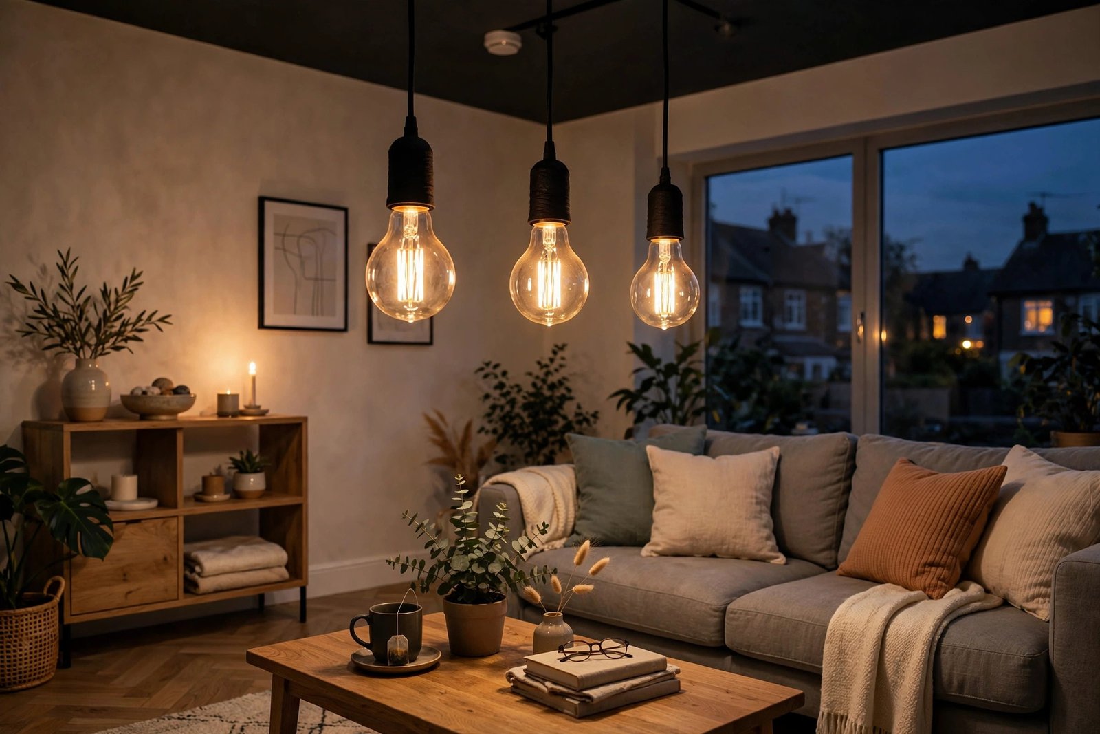 Smart LED bulbs glowing in a UK living room