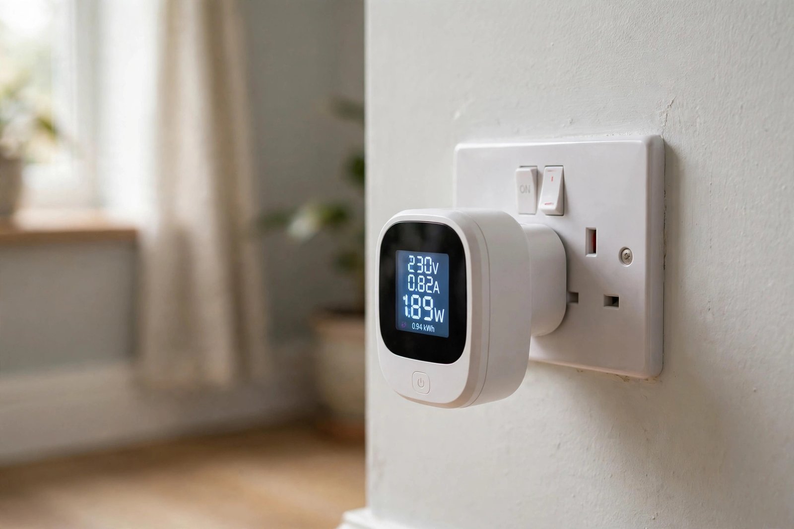 Smart plug with energy monitoring display in a UK home