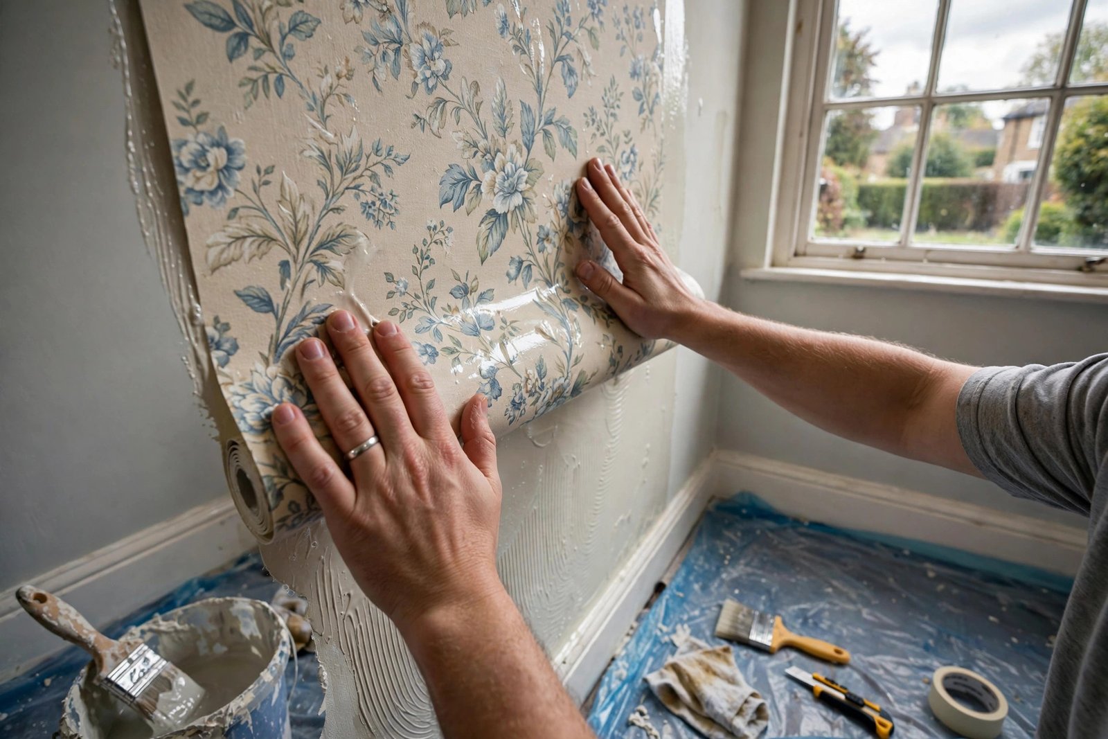Hanging paste the wall wallpaper onto a pasted wall