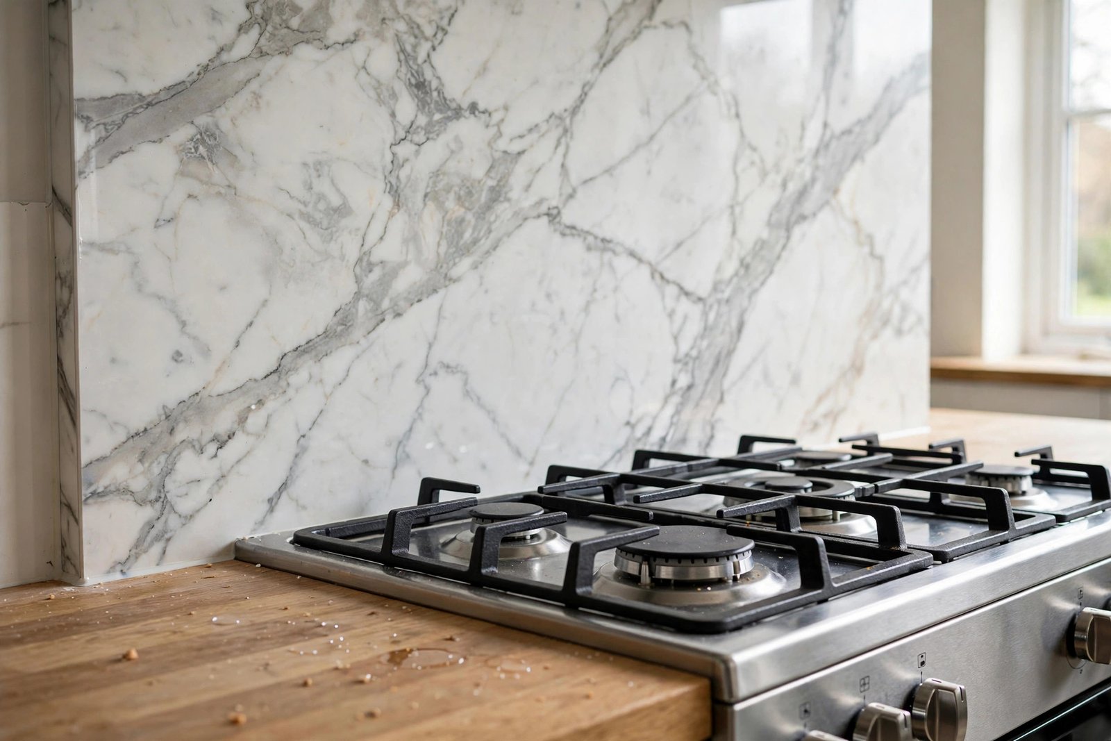 Close-up of a marble-effect kitchen wall panel fitted as a splashback behind a hob in a UK kitchen