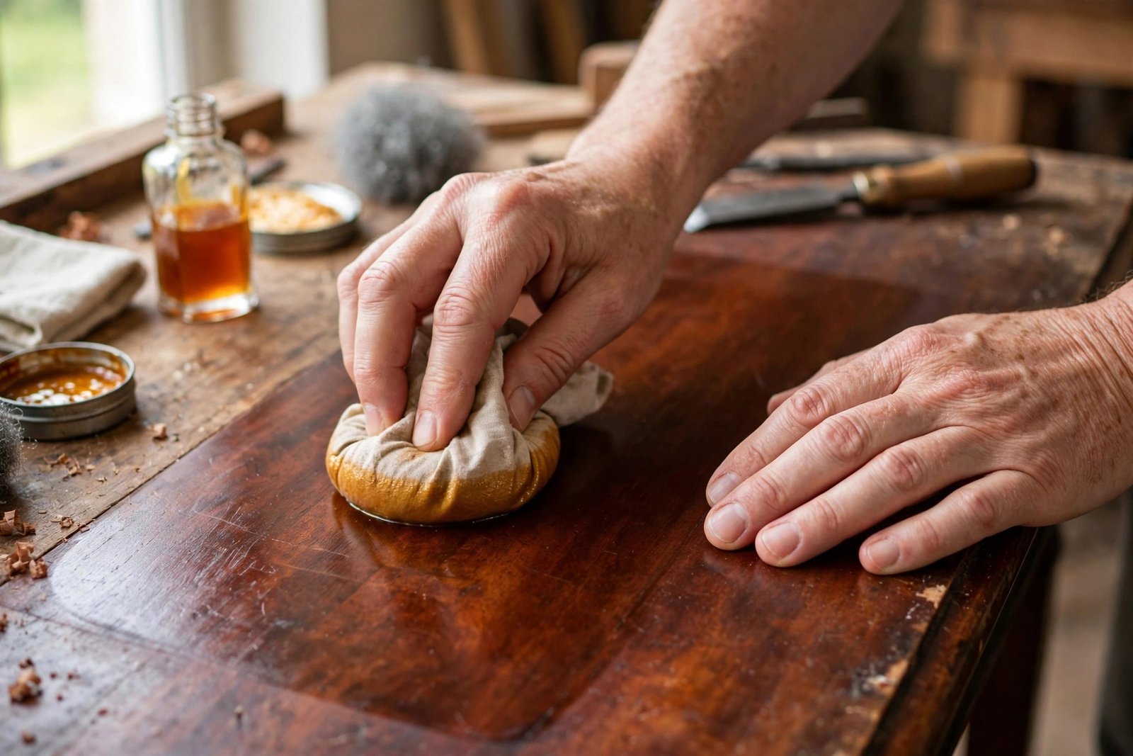 Hands applying French polish with a rubber pad to an antique mahogany table top