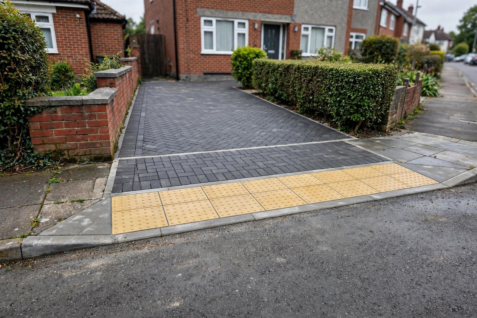 Newly installed dropped kerb in front of a block paved UK driveway
