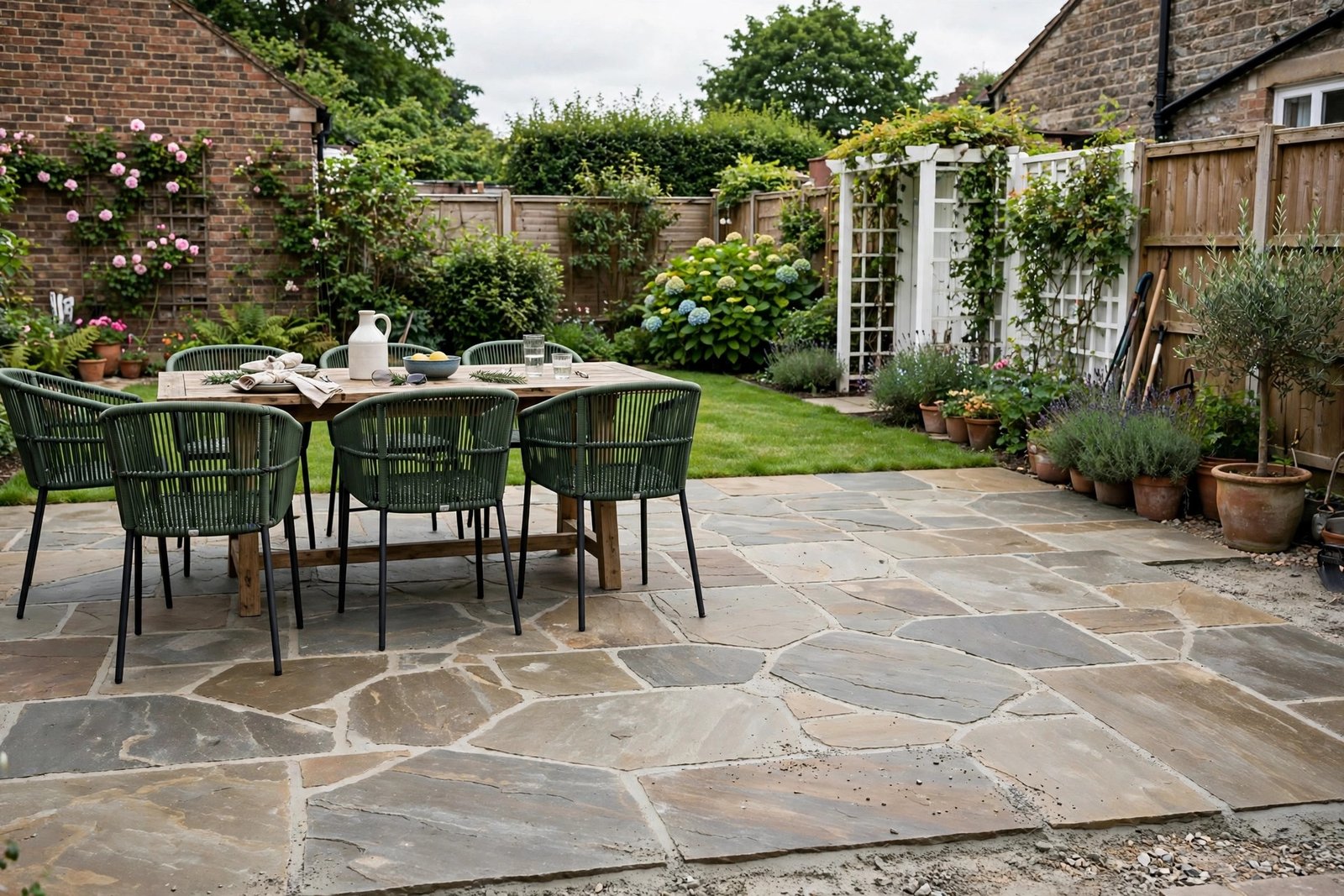Newly laid natural stone patio with outdoor dining furniture in a UK garden