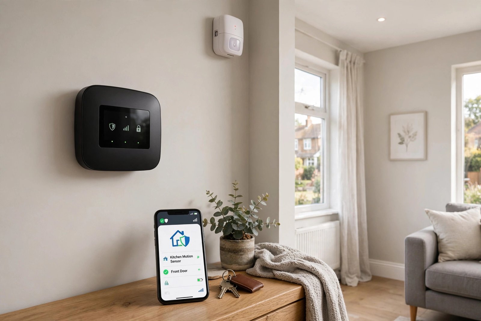 Wireless burglar alarm control panel and sensor in a UK home