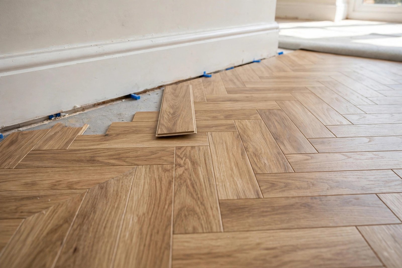 Herringbone pattern laminate flooring being fitted