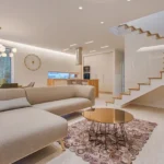 Smart speaker voice assistant device in a living room