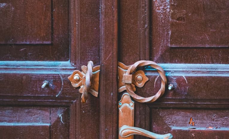 Door hinges and hardware close-up