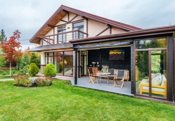Modern house extension with large glass doors