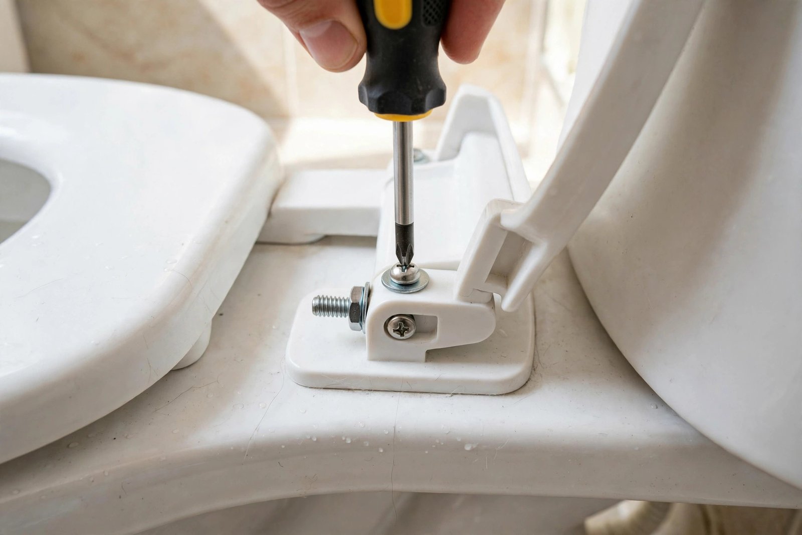 Close-up of a toilet seat top-fix hinge being tightened from above