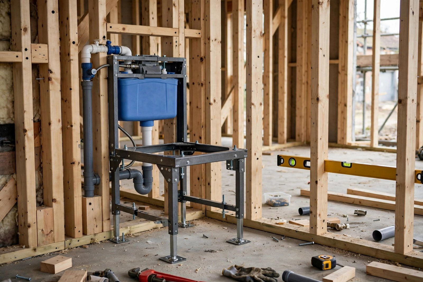 Wall hung toilet frame fixed inside a timber stud wall during installation