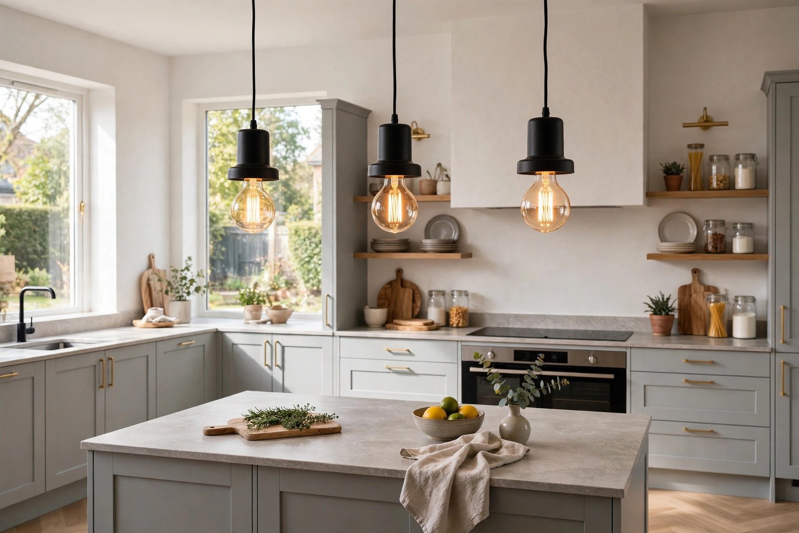 Black pendant ceiling lights with warm 2700K bulbs glowing above a kitchen island