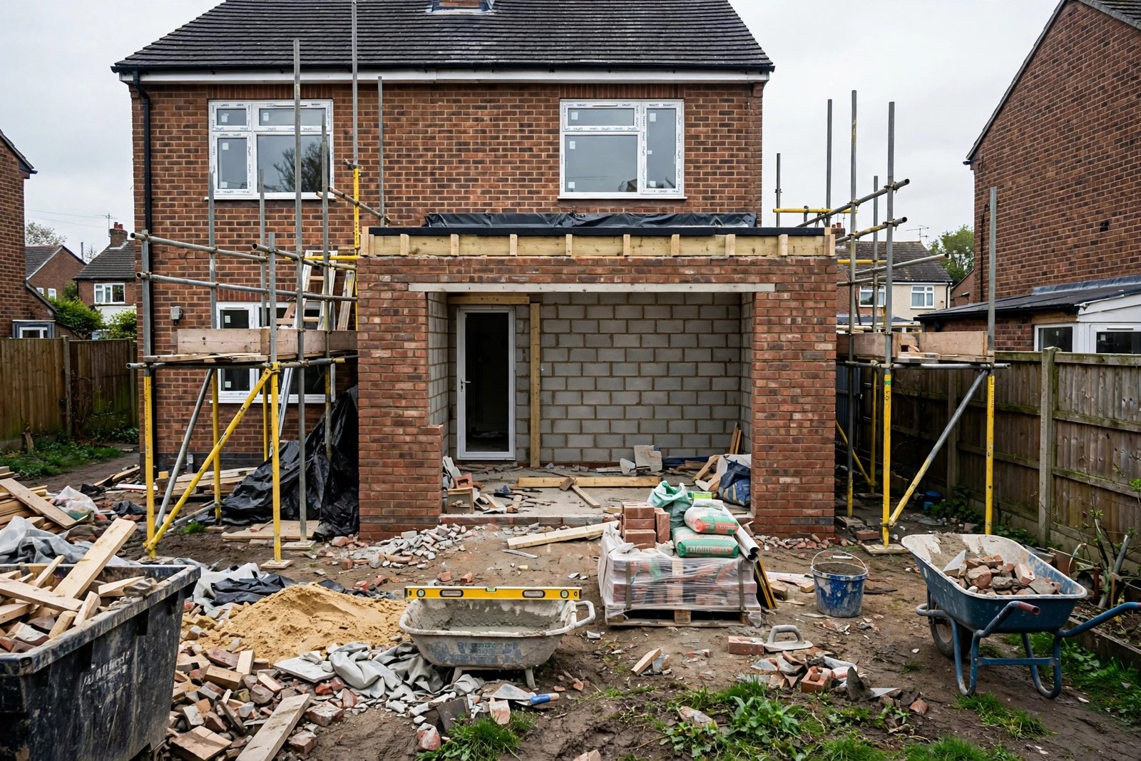 Single storey rear house extension under construction in the UK