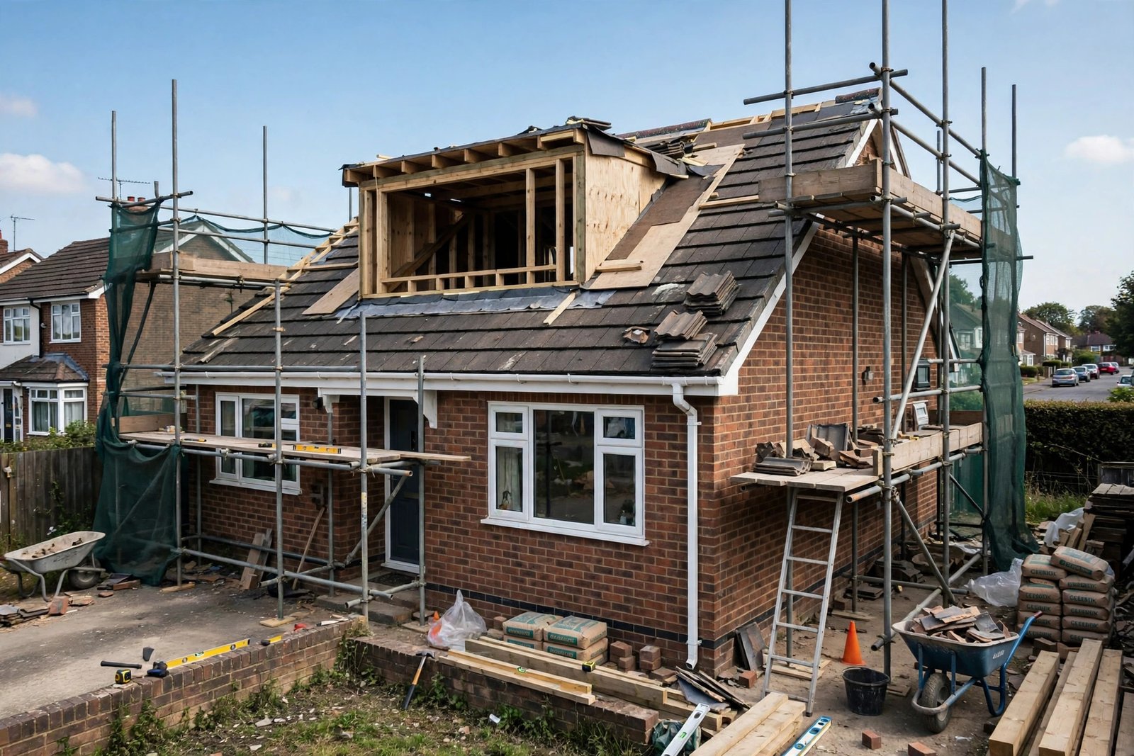 Dormer loft conversion under construction with scaffolding on a UK house