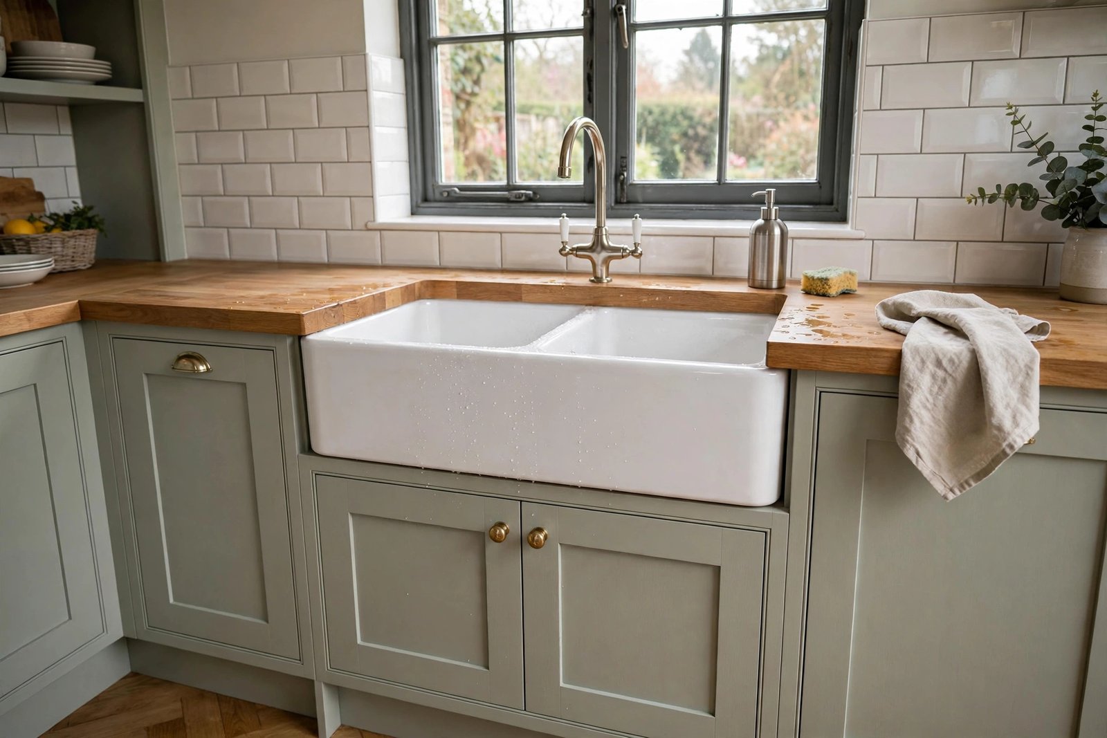 Fireclay Belfast sink fitted into a 600mm shaker style sink base cabinet in a UK kitchen