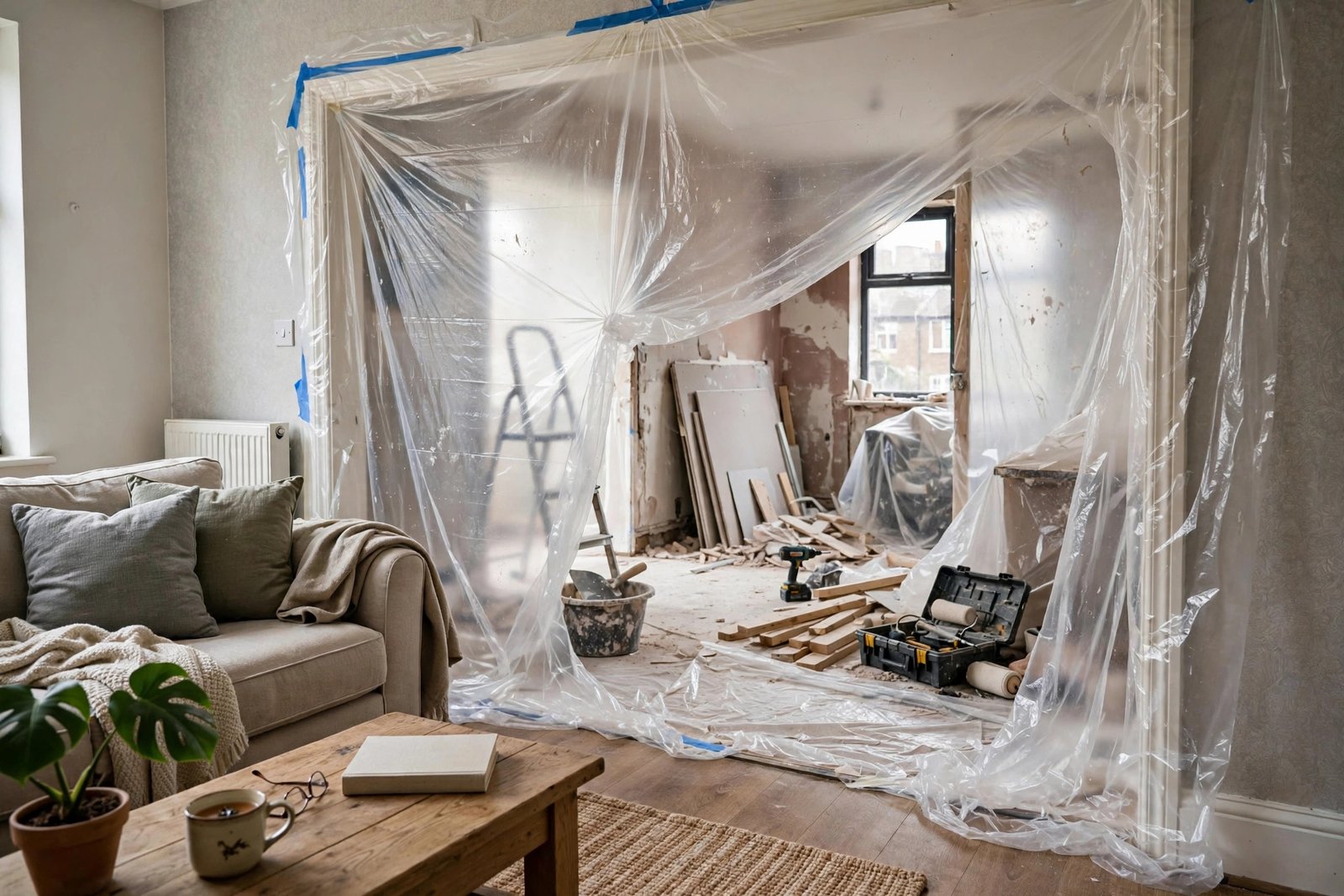 Plastic dust sheeting sealing off a renovation work zone from the living area of a UK home