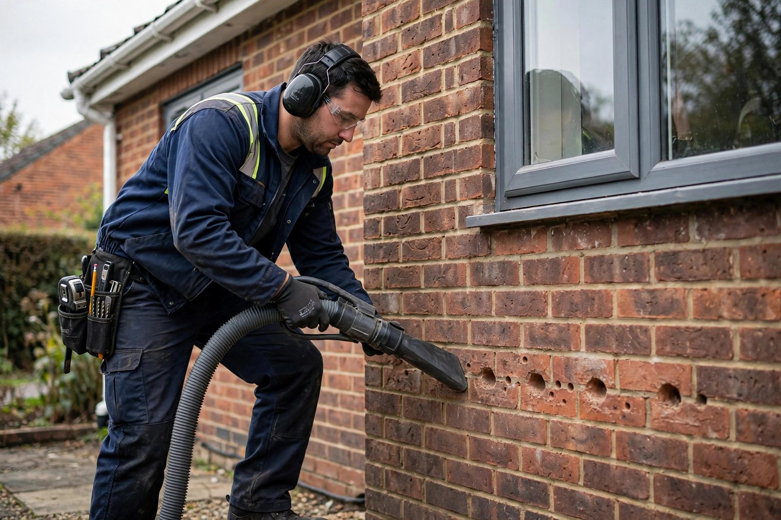 Technician extracting cavity wall insulation with industrial vacuum