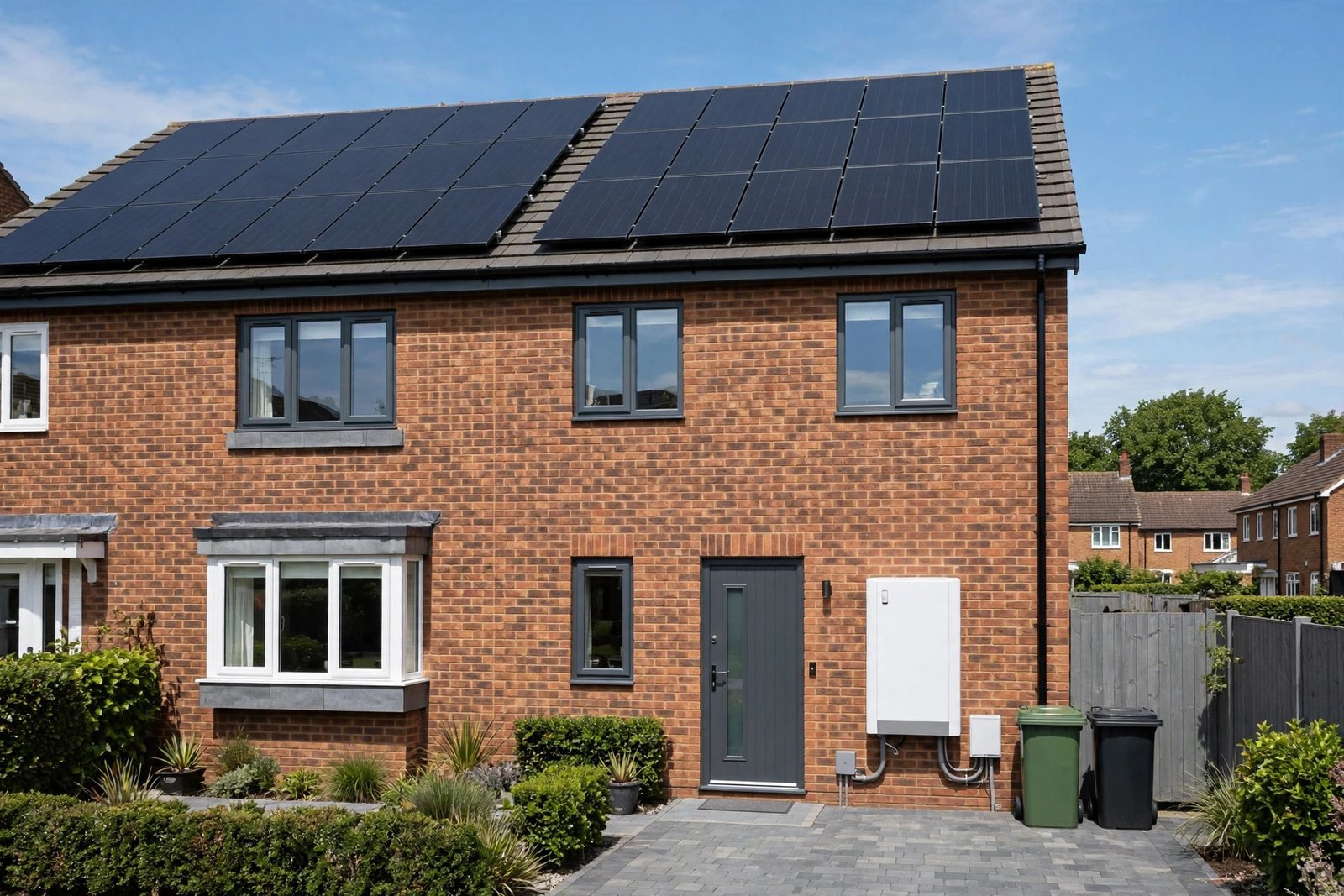 Solar panels and home battery storage on a UK house