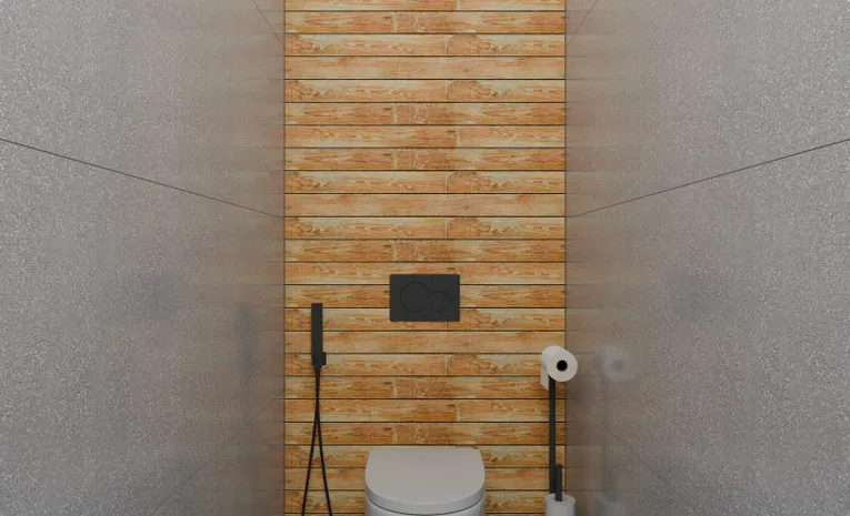 Wall hung toilet with wooden accent wall in a modern bathroom