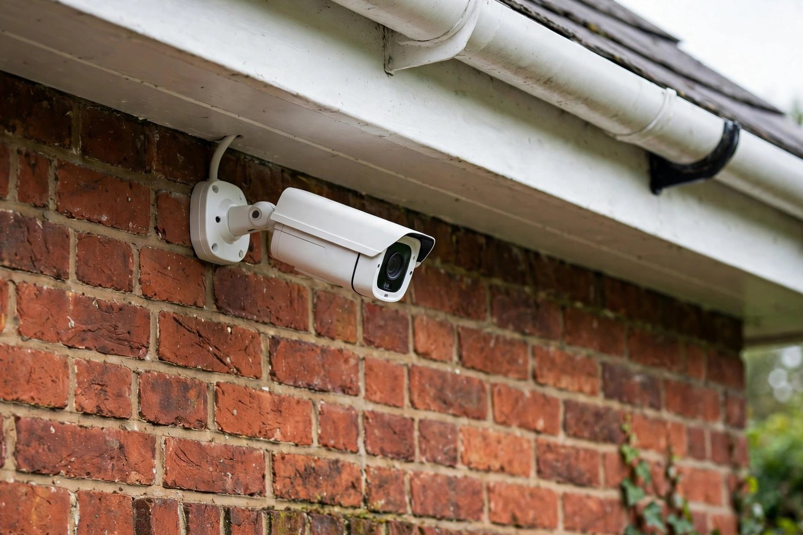 CCTV camera mounted under the eaves of a UK house