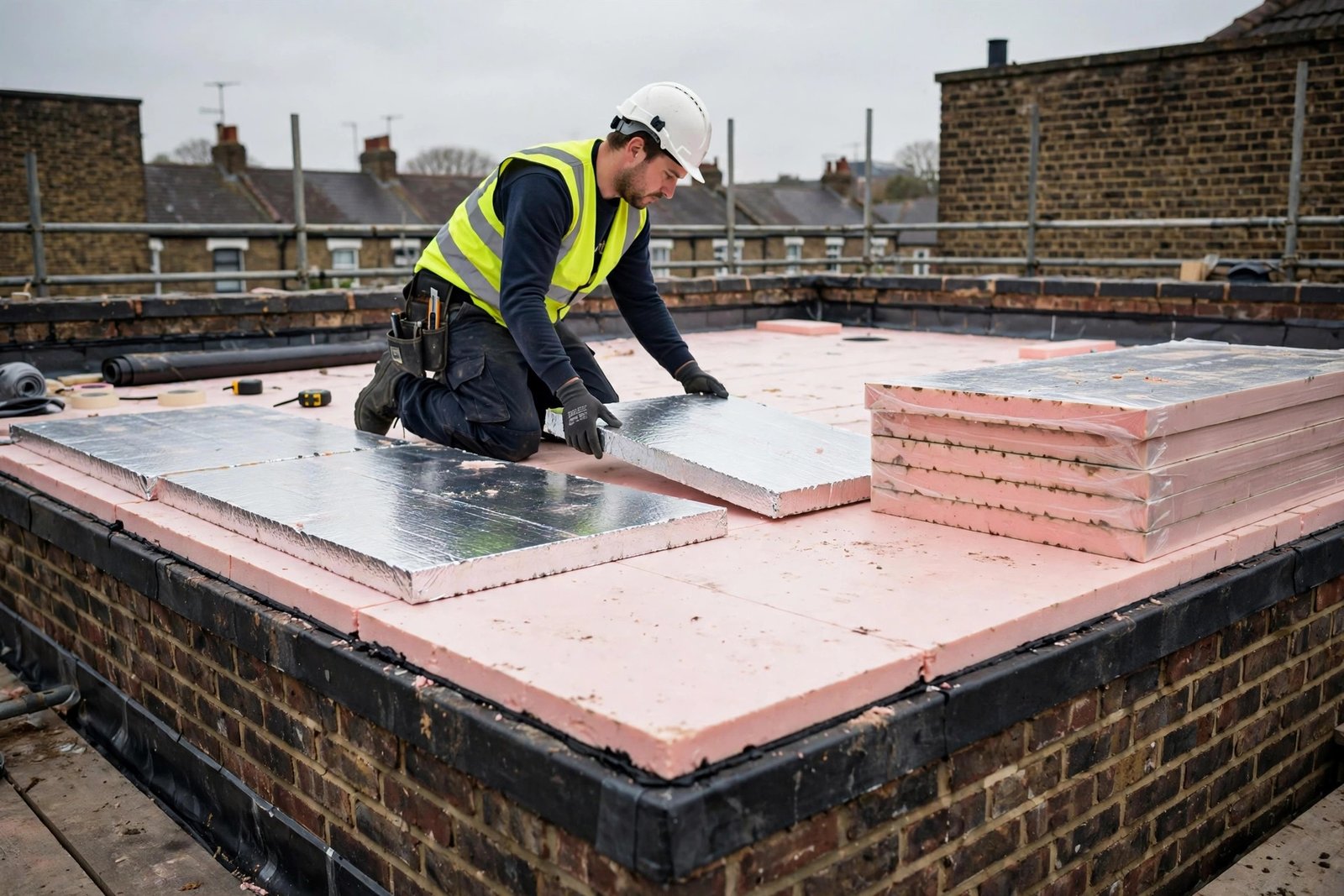 PIR insulation boards being fitted on a flat warm roof in the UK