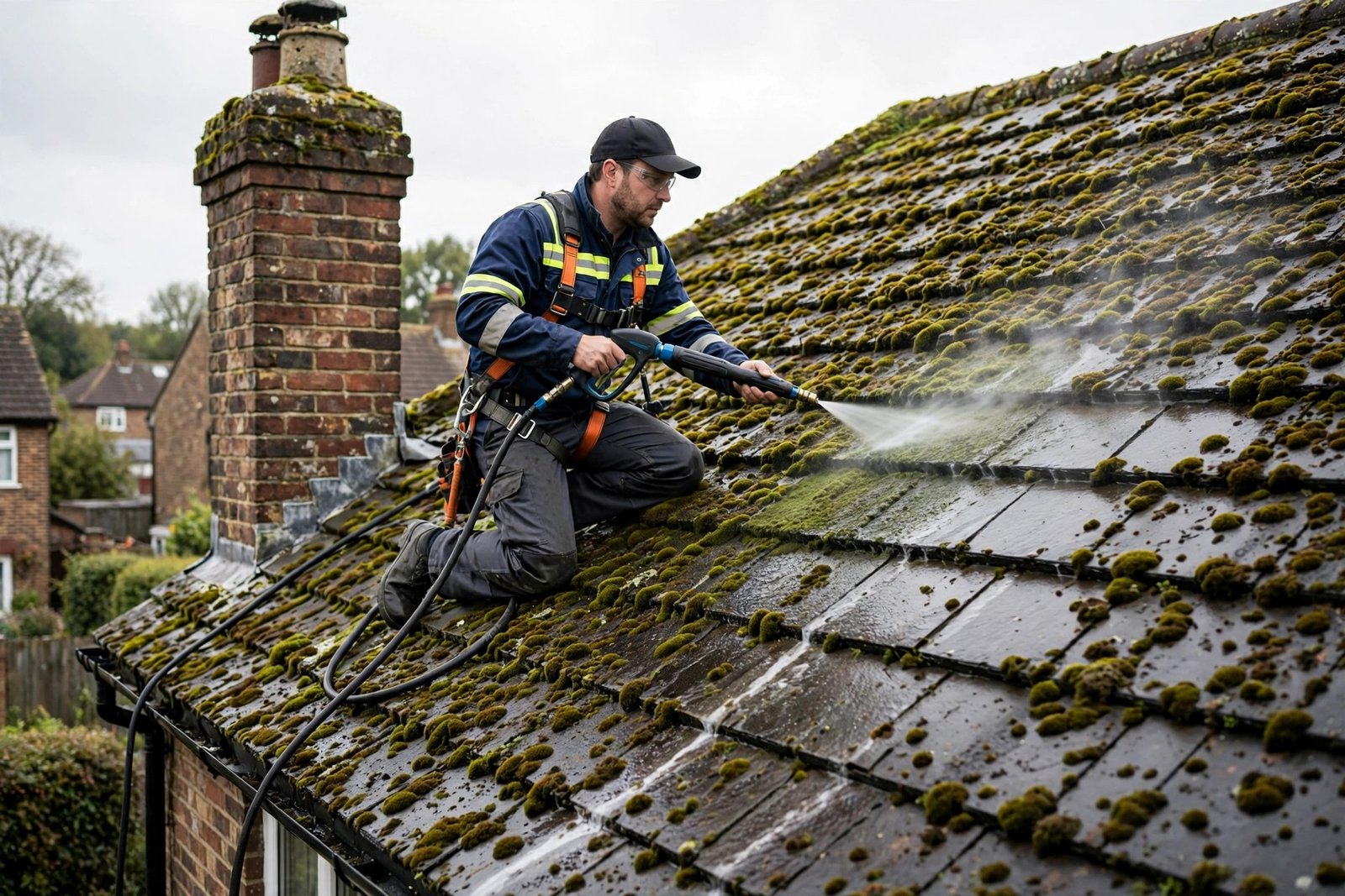 Professional soft washing a moss-covered UK roof